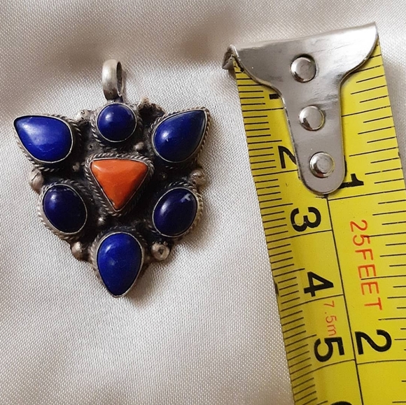 Tibetan Lapis Lazuli (pd6) Coral Pendant Natural Gems Blue Red Triangle Silver - Picture 8 of 8